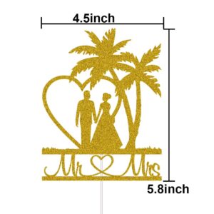 Funny Wedding Cake Topper Tropical Palm Tree Hawaii Beach Themed Wedding Party Supplies Bride & Groom with Hand in Hand Travel Theme Party Decors Gold Glitter