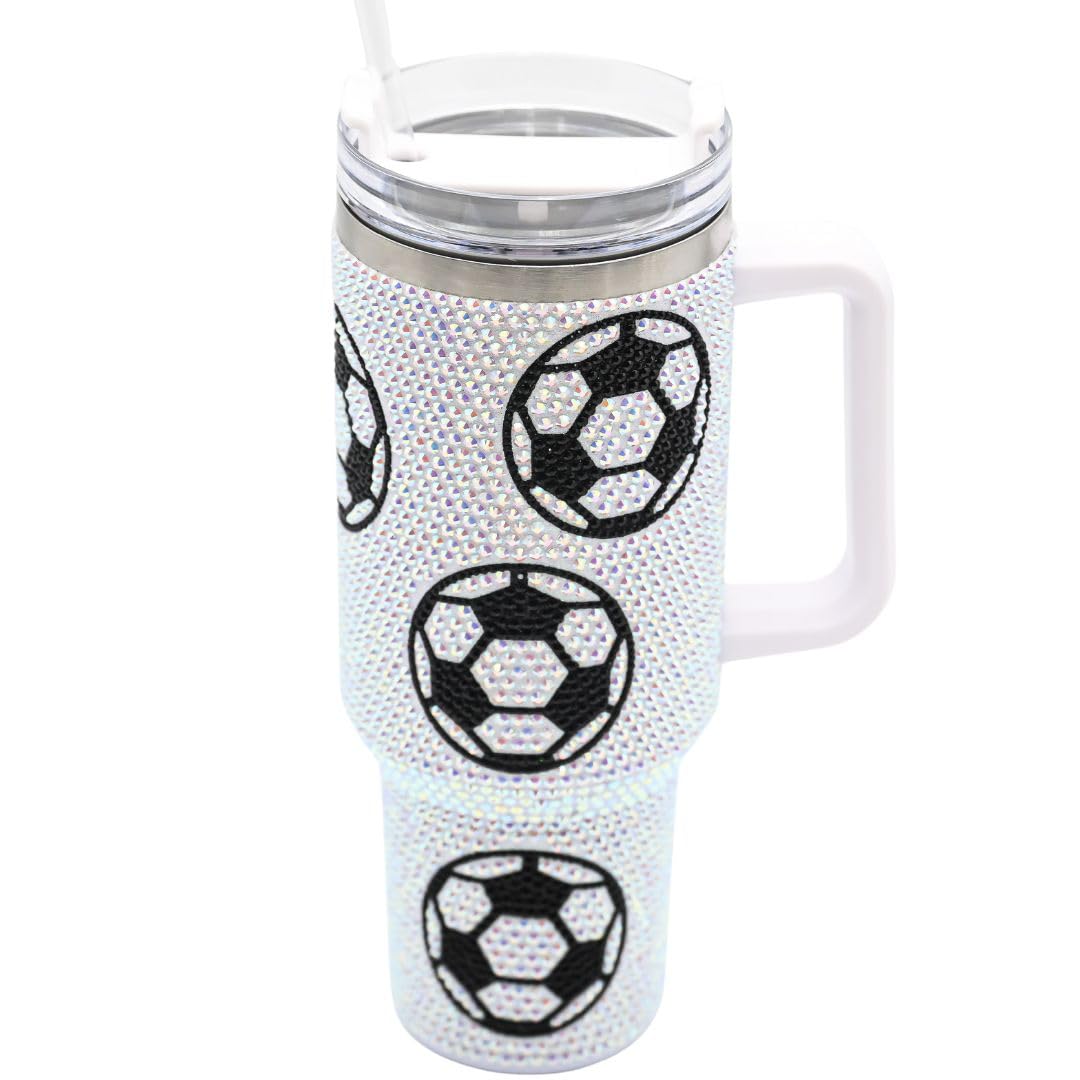 SEM LIFE 40 Oz Rhinestone Bling Tumbler with Handle and Straw (SOCCER), Stainless Steel and Double Wall Insulated