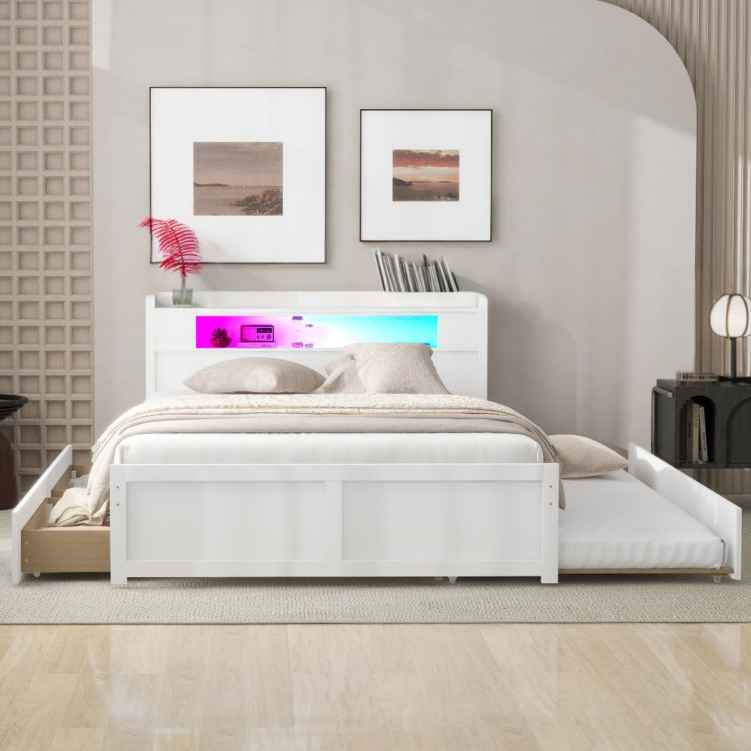 Okak Queen Size Bed Frame with Trundle - Wood Platform Bed with LED Lights Headboard 2 Storage Drawers and Twin Trundle Bed,White