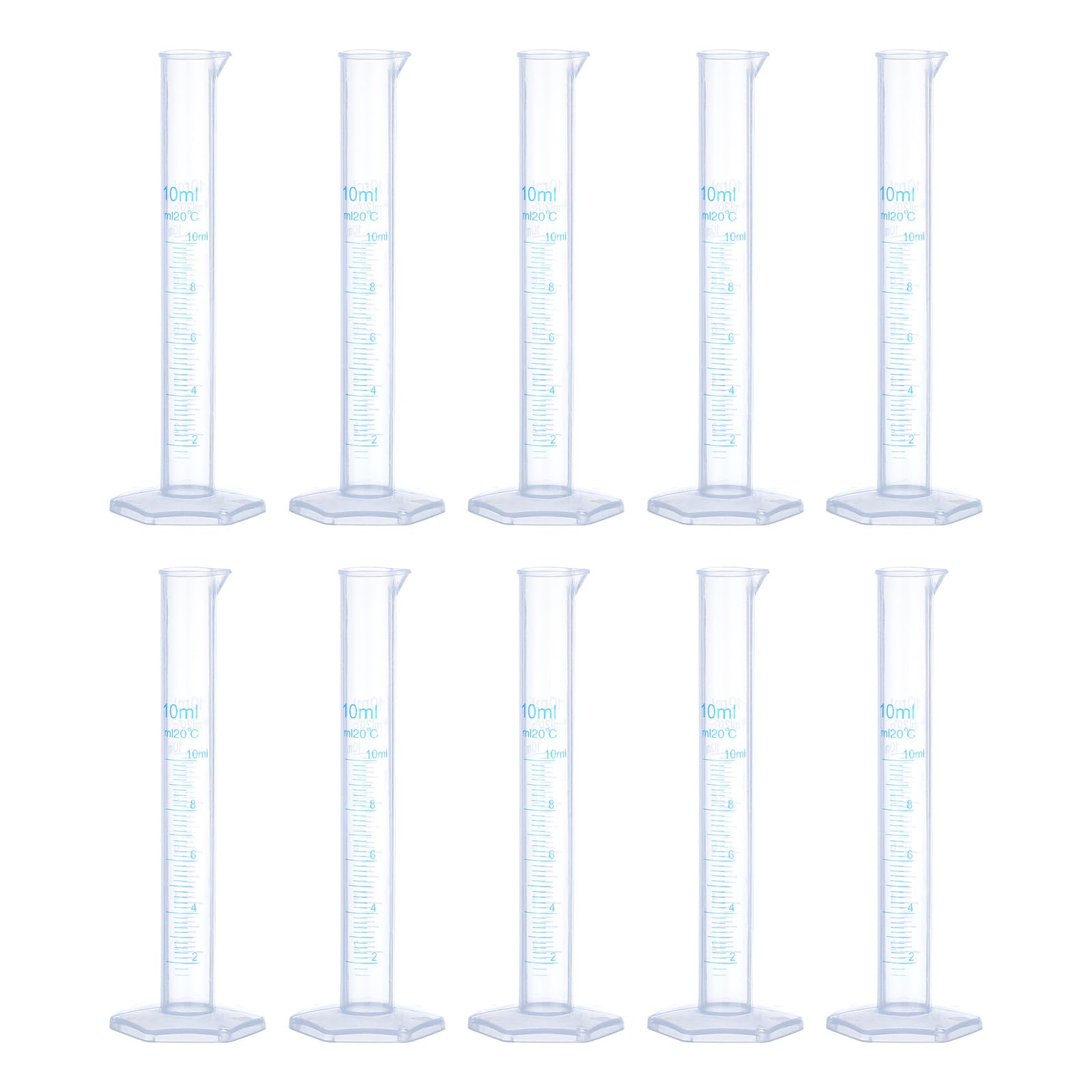 uxcell Plastic Graduated Cylinder, 10ml Measuring Cylinder, Test Tube Beakers, 2-Sided Metric Marking, Clear Hex Base for Lab Home 10Pcs