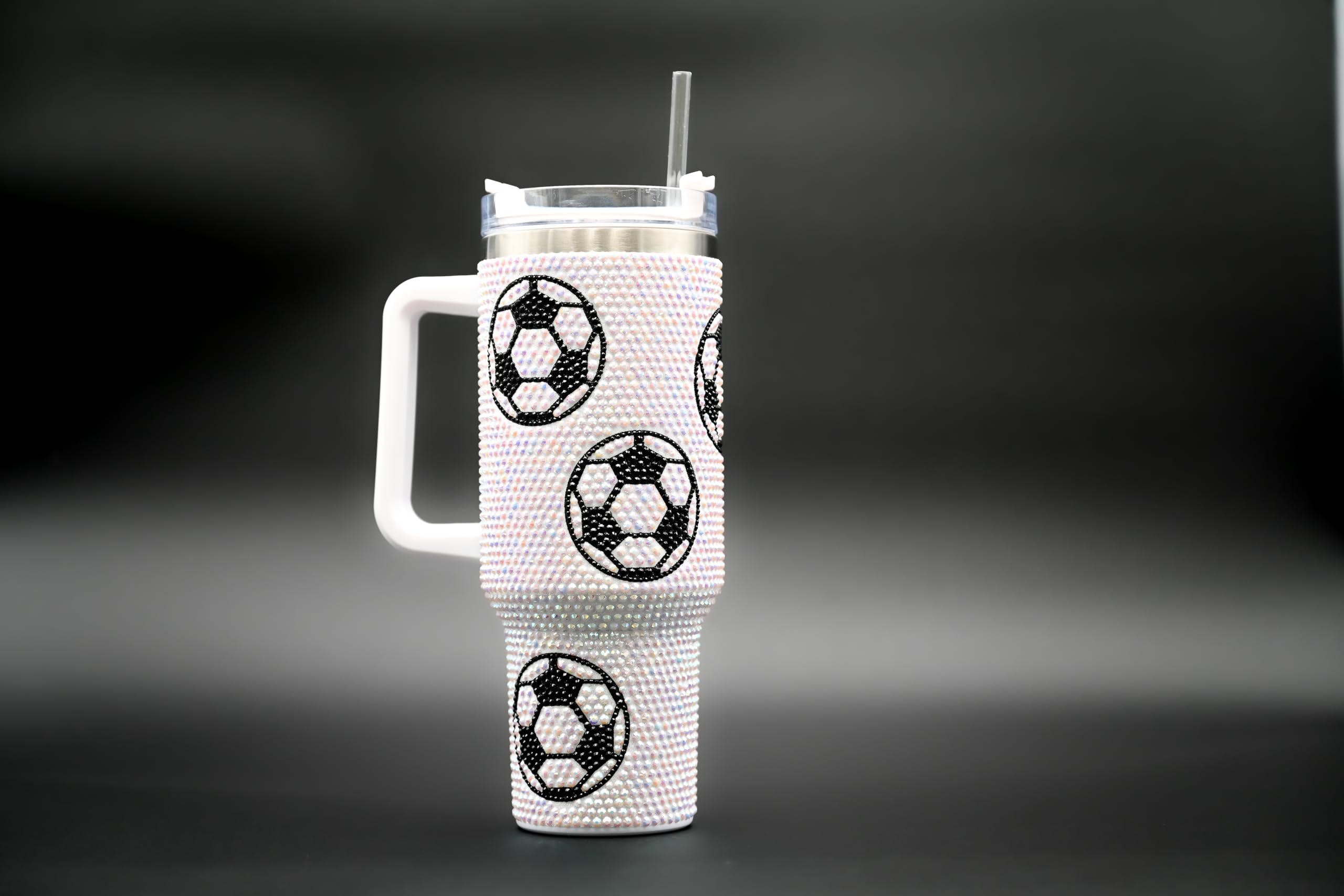 SEM LIFE 40 Oz Rhinestone Bling Tumbler with Handle and Straw (SOCCER), Stainless Steel and Double Wall Insulated