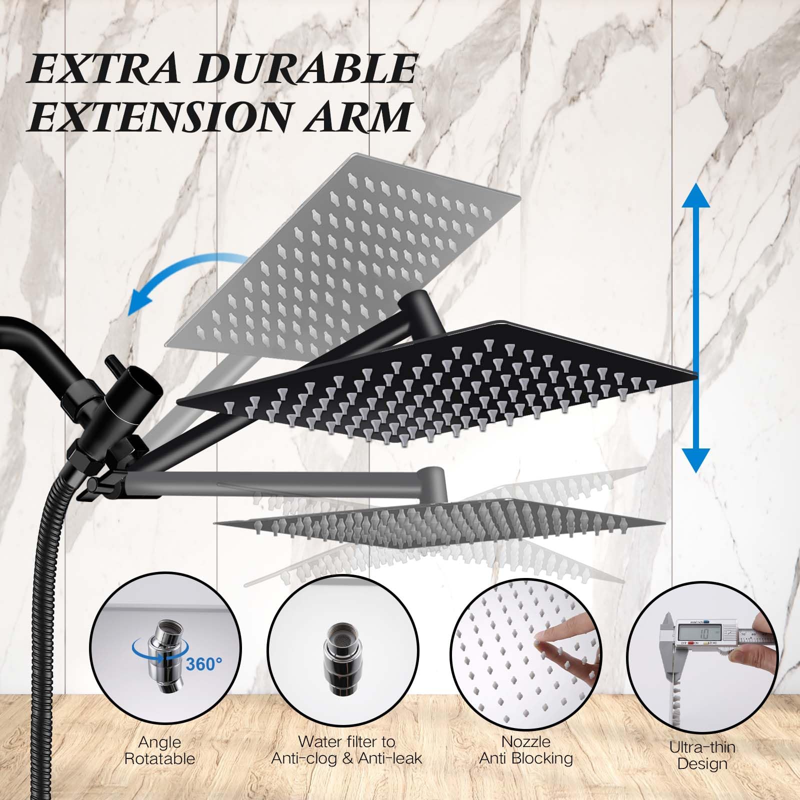 Yurnomy 8 inch Multifunction High Pressure Rain Shower Head with Handheld Spray Combo with 11'' Angle Adjustable Extension Arm/Flow Regulator/Shower System(Matt Black)