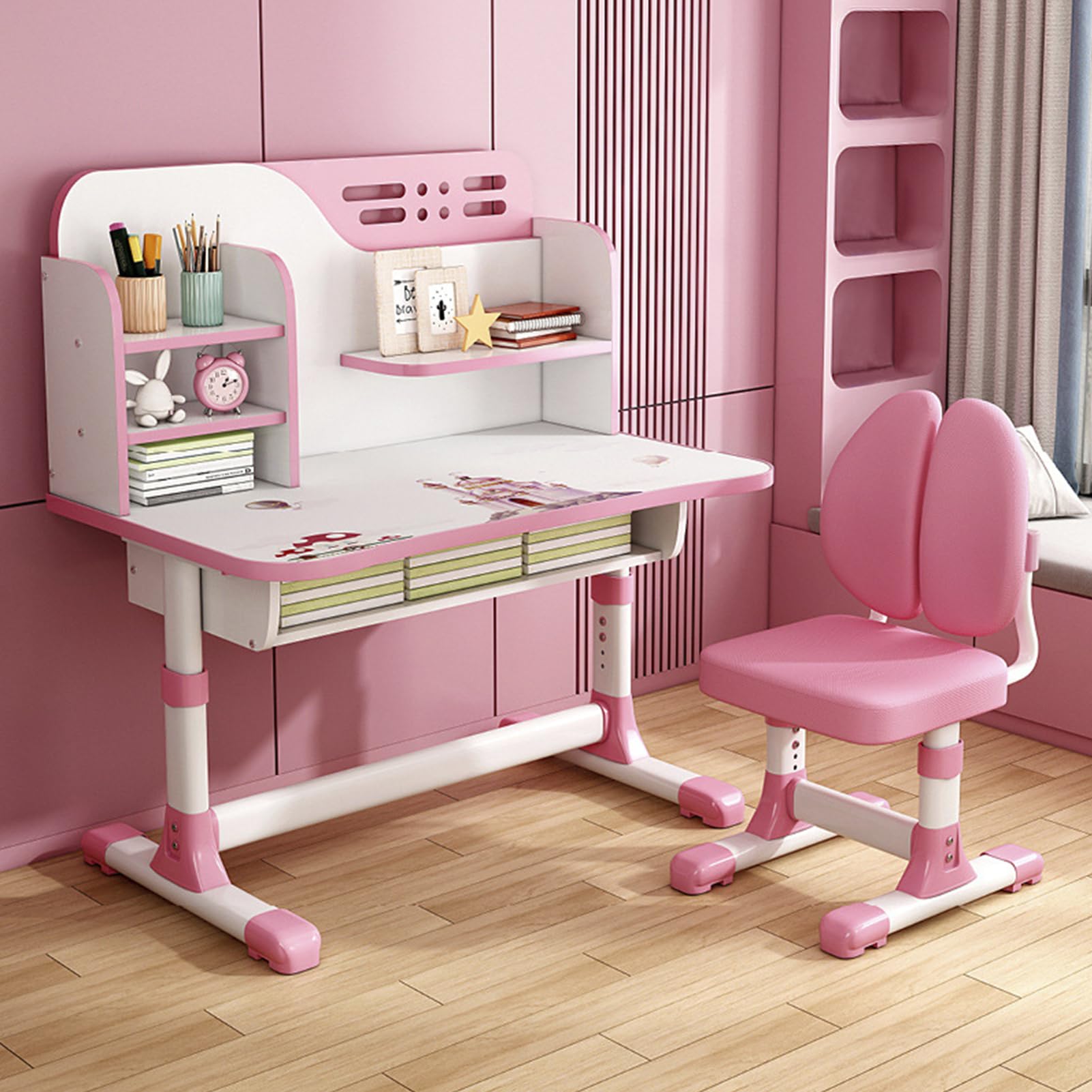 Small Desk, Standing Desk, Desk Chair Set, Height Adjustable Children School Study Table Chair Set with Astronaut Pattern, Ergonomic Desk Chair with Large Writing Board, Bookshelf and Drawer (Pink)