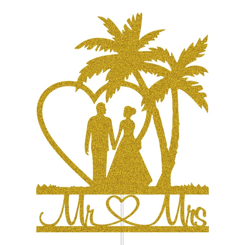 Funny Wedding Cake Topper Tropical Palm Tree Hawaii Beach Themed Wedding Party Supplies Bride & Groom with Hand in Hand Travel Theme Party Decors Gold Glitter