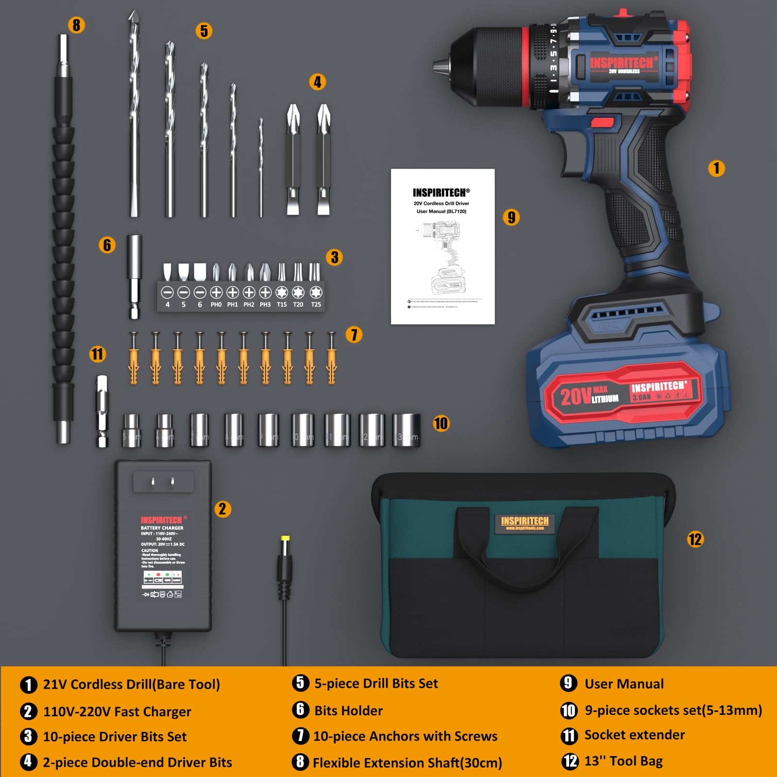 INSPIRITECH 20V Cordless Drill Set, Brushless Power Drill Set with 3.0Ah Battery and Charger,3/8-Inch Metal Chuck Electric Drill Driver,22 Torque Setting,Drill/Driver Bits and Tool Bag Included…