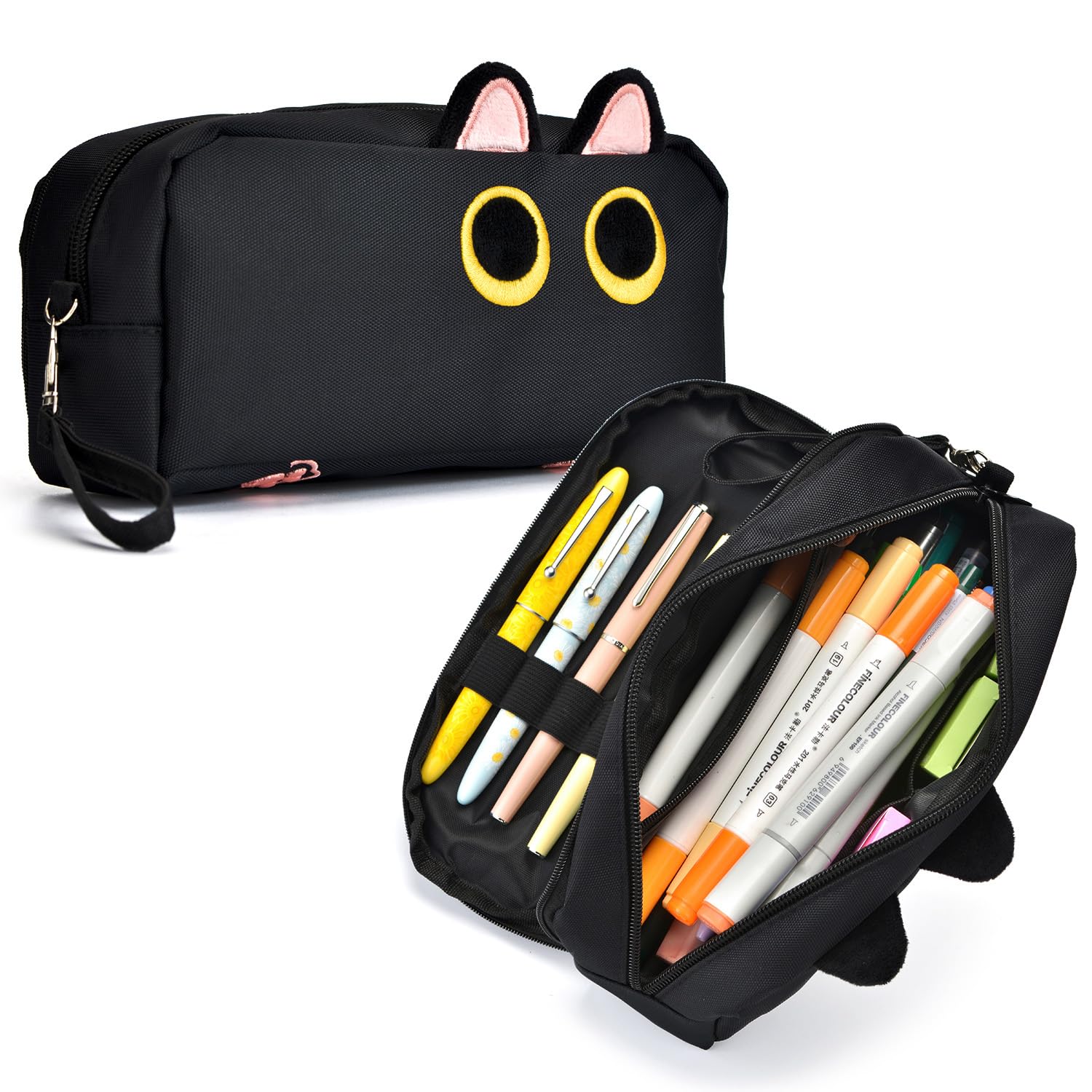 Hongdian Large Capacity Pencil Case Black Color, 3D Cat Pen Bags Pencil Pouch Organizer for Office College School