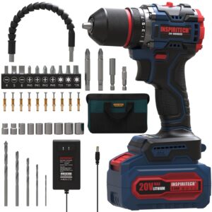 inspiritech 20v cordless drill set, brushless power drill set with 3.0ah battery and charger,3/8-inch metal chuck electric drill driver,22 torque setting,drill/driver bits and tool bag included…