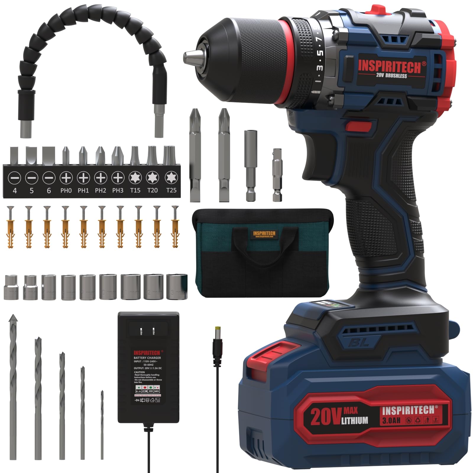 INSPIRITECH 20V Cordless Drill Set, Brushless Power Drill Set with 3.0Ah Battery and Charger,3/8-Inch Metal Chuck Electric Drill Driver,22 Torque Setting,Drill/Driver Bits and Tool Bag Included…