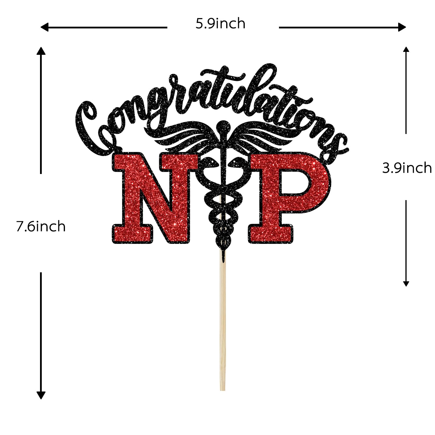 Congrats NP Cake Topper - Nurse Graduation Decorations, Nursing School Survivor, Medical School Graduation Party Decorations, Black and Red Glitter