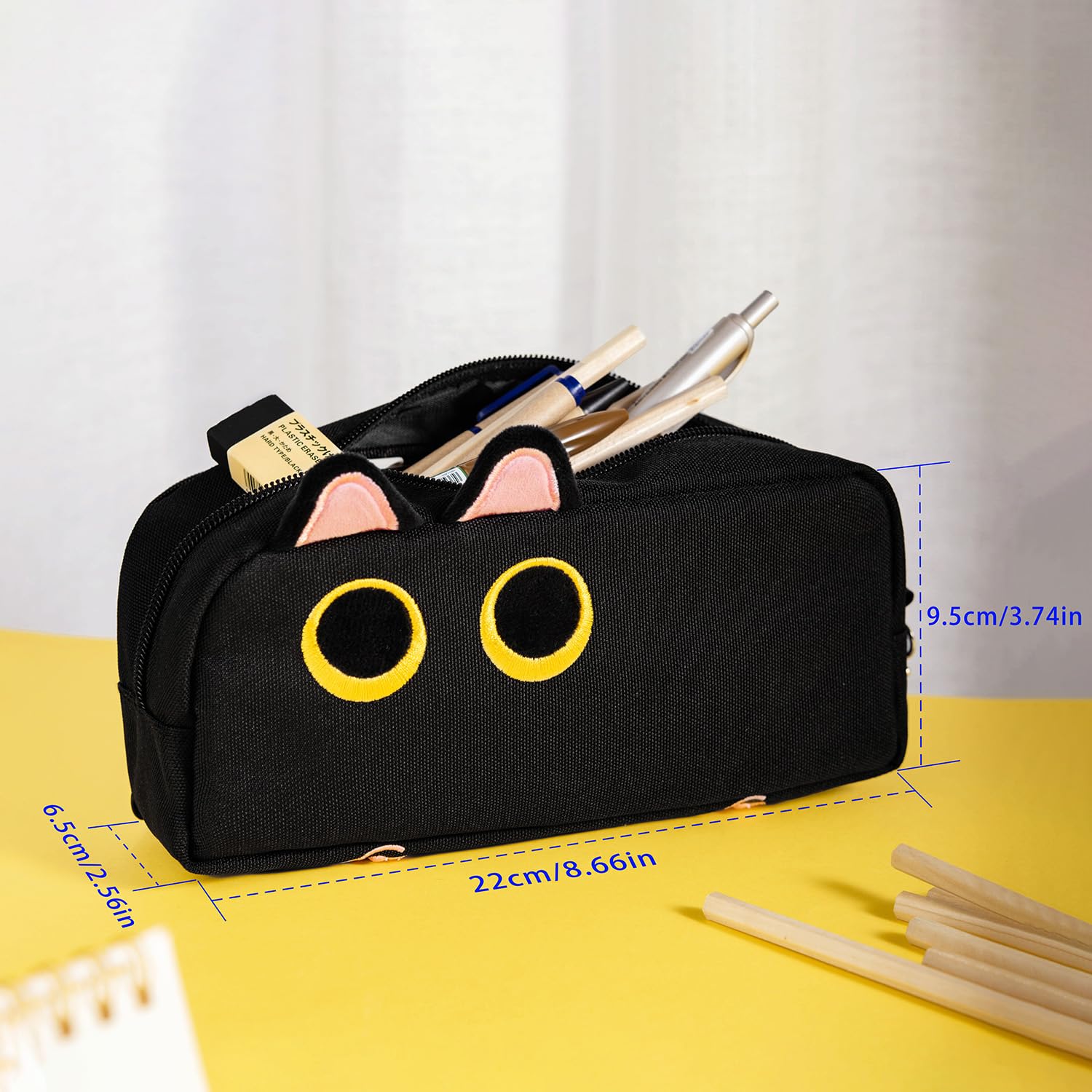 Hongdian Large Capacity Pencil Case Black Color, 3D Cat Pen Bags Pencil Pouch Organizer for Office College School