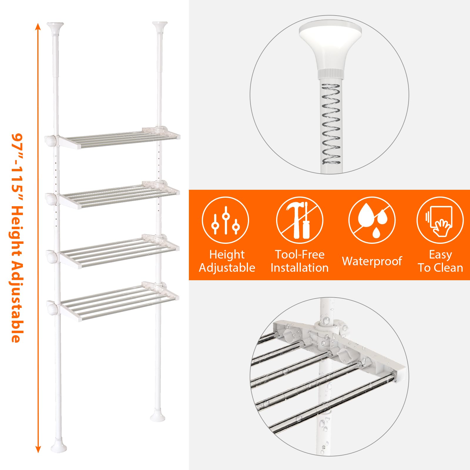 Bathroom Over The Toilet Storage, Over Toilet Organizers Shelves 4.5-9.5 FT Adjustable, 4-Tier Shelf Rack Above Behind Toilet, Wash-Machine, Small Room Space Saver Metal Shelving, White, Rustproof