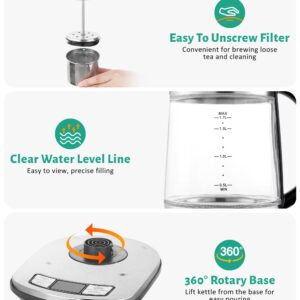 KEINVE Electric Kettle Temperature Control - 1.7L Glass Tea Kettle Electric with Infuser, 60Min Keep Warm & Automatic Shut Off, 1500W Rapid Boil Water Boiler for Loose Tea, Coffee, Oatmeal