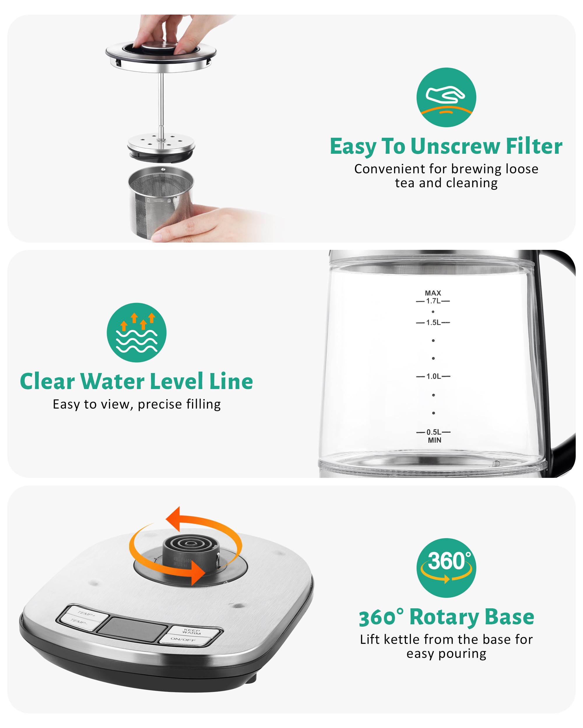 KEINVE Electric Kettle Temperature Control - 1.7L Glass Tea Kettle Electric with Infuser, 60Min Keep Warm & Automatic Shut Off, 1500W Rapid Boil Water Boiler for Loose Tea, Coffee, Oatmeal