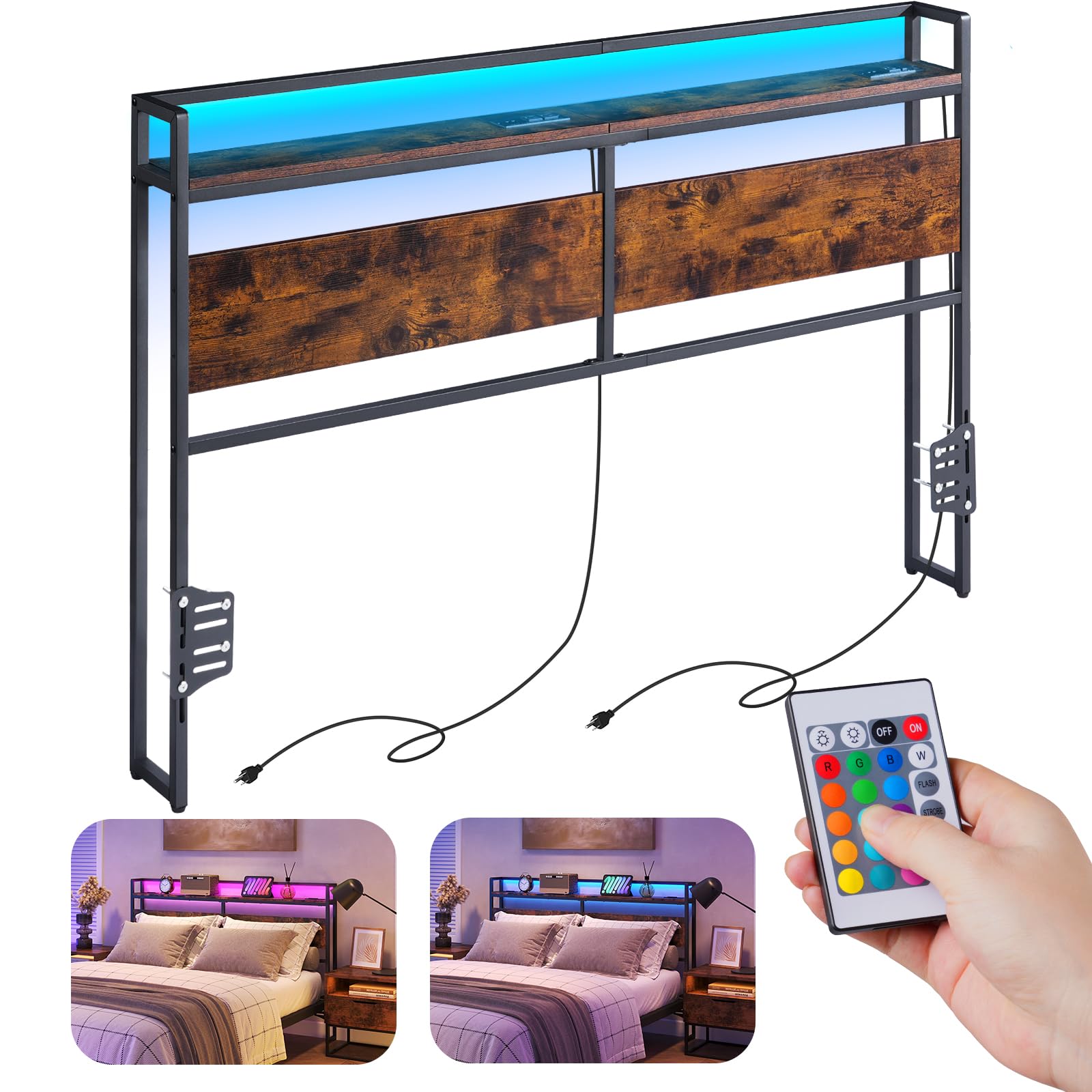 ELYKEN Queen Size Headboard Only with Power Outlet & Colorful LED Strip Light, Headboard for Adaptable Bed Frame Brackets Adapter, Heavy Duty Queen Headboard, Easy Assembly, Rustic Brown