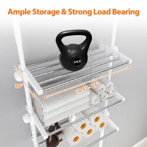 Bathroom Over The Toilet Storage, Over Toilet Organizers Shelves 4.5-9.5 FT Adjustable, 4-Tier Shelf Rack Above Behind Toilet, Wash-Machine, Small Room Space Saver Metal Shelving, White, Rustproof