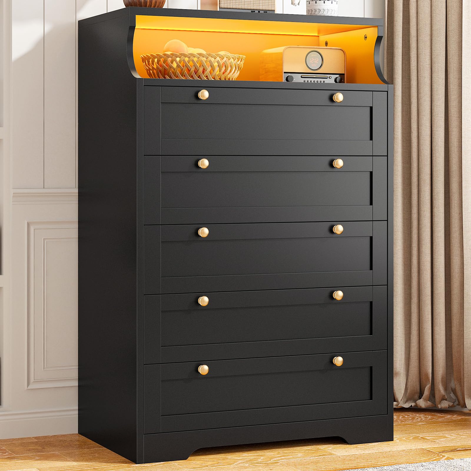 EnHomee 5 Drawer Dresser with LED, Black Dresser for Bedroom, Bedroom Dressers & Chests of Drawers, Tall Dresser with Deep Drawers for Bedroom Hallway Closet