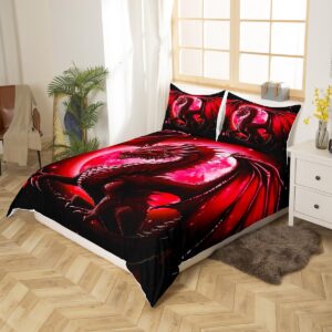 Dragon Duvet Cover Set Twin Size,Starry Sky Moon Night Bedding Set for Kids Boys Teens Women Bedroom Decor,3D Animals Comforter Cover Western Dragon Black Red Quilt Cover,1 Pillowcase