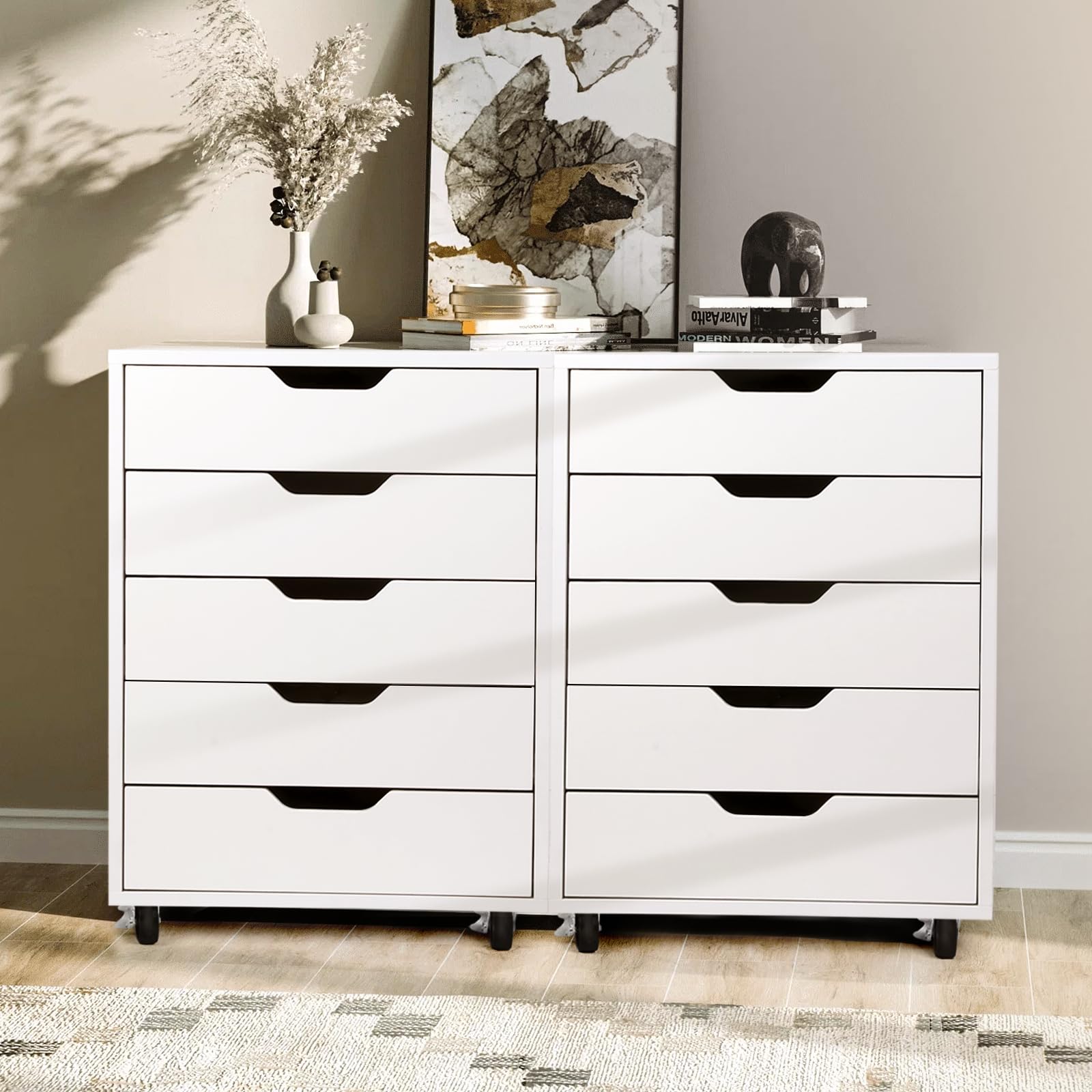 TUSY 5-Drawer Organizer, Tall Chest of Drawers with Caster Wheels, Alex Drawers File for Home Office, White