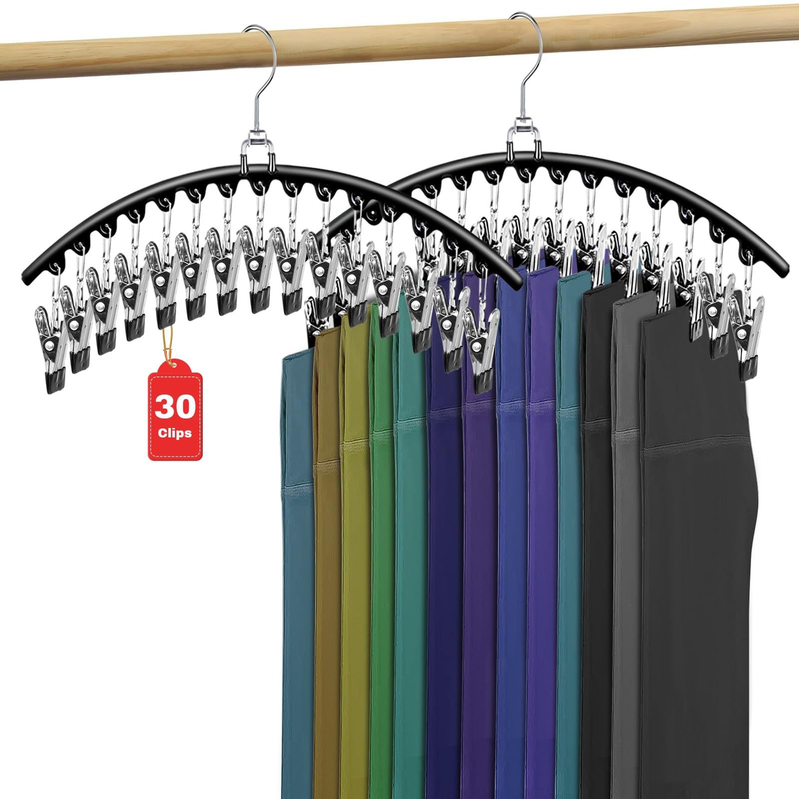 Leggings Organizer for Closet, Collapsible Metal Pants Hangers Space Saving with 30 Rubber Coated Clips(2 Pack), 360° Rotation for Better Organizer&Display, Magic Hat/Skirts/Leggings Hangers