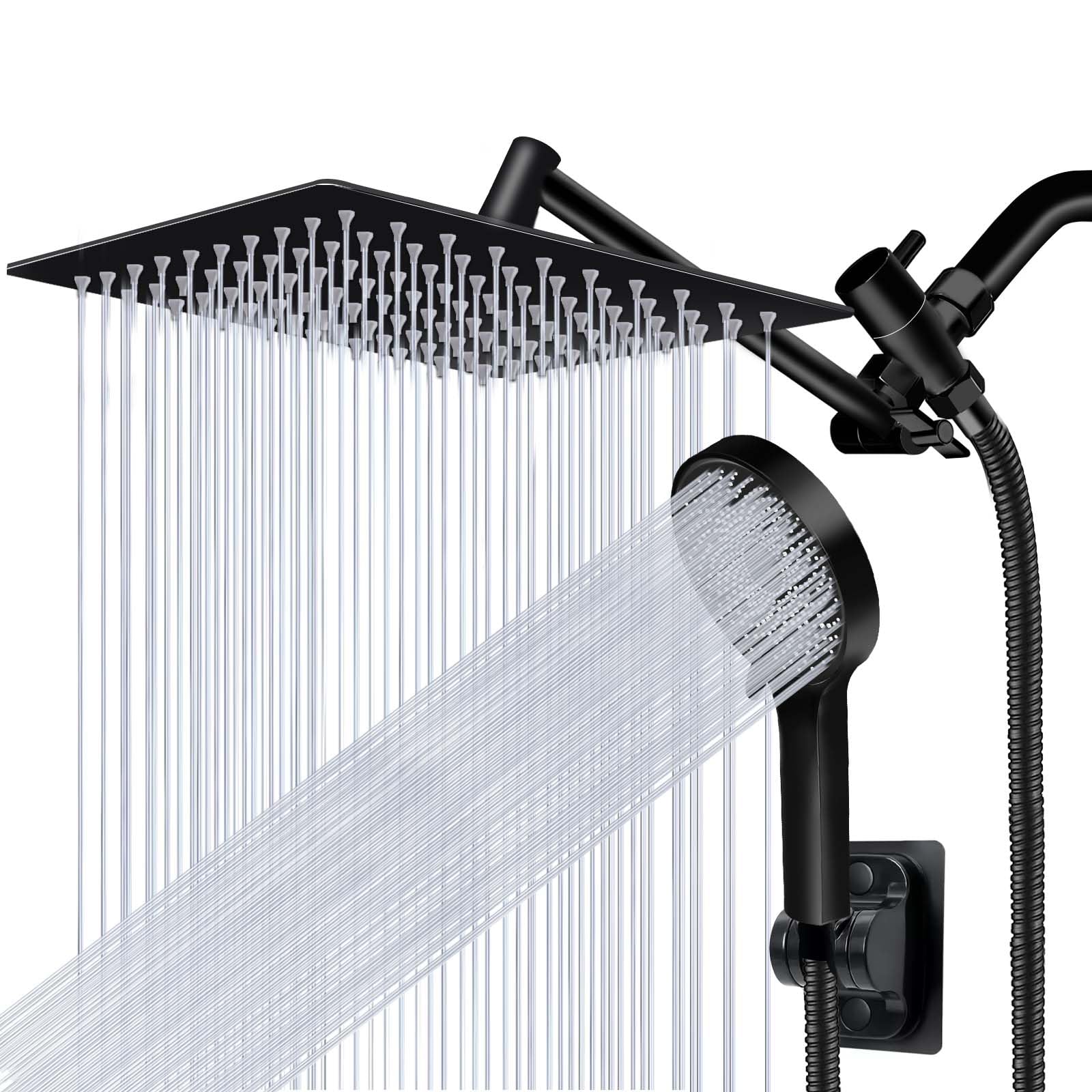 Yurnomy 8 inch Multifunction High Pressure Rain Shower Head with Handheld Spray Combo with 11'' Angle Adjustable Extension Arm/Flow Regulator/Shower System(Matt Black)