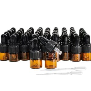 AGENIZ 50PCS Amber Glass Dropper Bottles 1ml Mini Essential Oil Dropper Bottles Glass Vials with Glass Eye Dropper for Travel Sample Vials