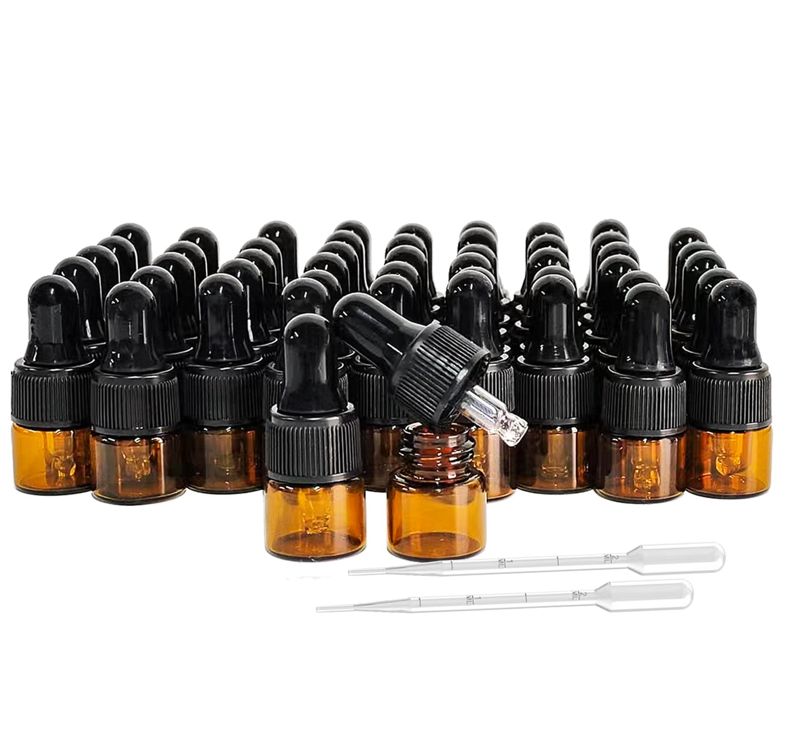 AGENIZ 50PCS Amber Glass Dropper Bottles 1ml Mini Essential Oil Dropper Bottles Glass Vials with Glass Eye Dropper for Travel Sample Vials