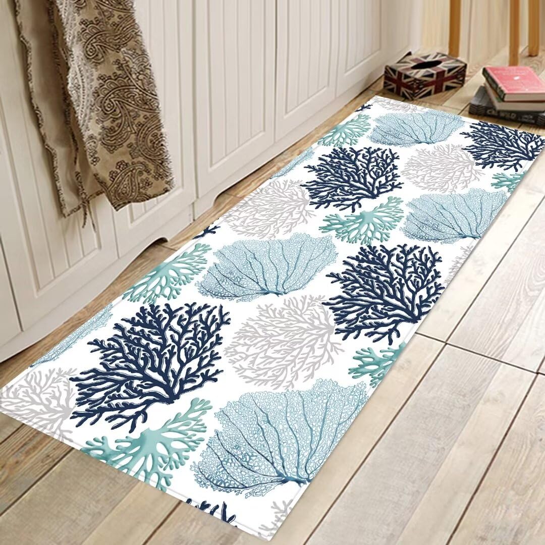 Coastal Runner Rug for Hallway 2x6 Beach Ocean Themed Throw Rug Teal Blue Area Rug Nautical Hallway Rugs Non-Slip Floor Carpet for Bedroom Laundry Room Doormat Entrance Door Mat Washable Kitchen Rugs