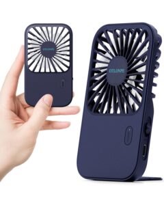 otlonpe mini portable handheld fan, small rechargeable pocket travel fan with hand held desktop modes, foldable stand, lanyard, 3 speeds, cute slim personal hand fan for women girls kids (dark-blue)