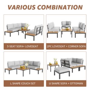 NATURAL EXPRESSIONS Patio Furniture Sets, Metal Outdoor Sectional L Shape Corner Sofa Outdoor Couch with Detachable Backrest,3 Fuaxwood Tables, Grey Thick Olefin Cushions for Yard,Garden