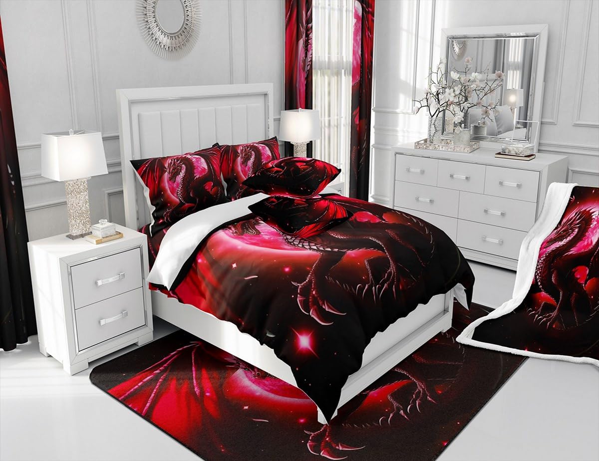 Dragon Duvet Cover Set Twin Size,Starry Sky Moon Night Bedding Set for Kids Boys Teens Women Bedroom Decor,3D Animals Comforter Cover Western Dragon Black Red Quilt Cover,1 Pillowcase