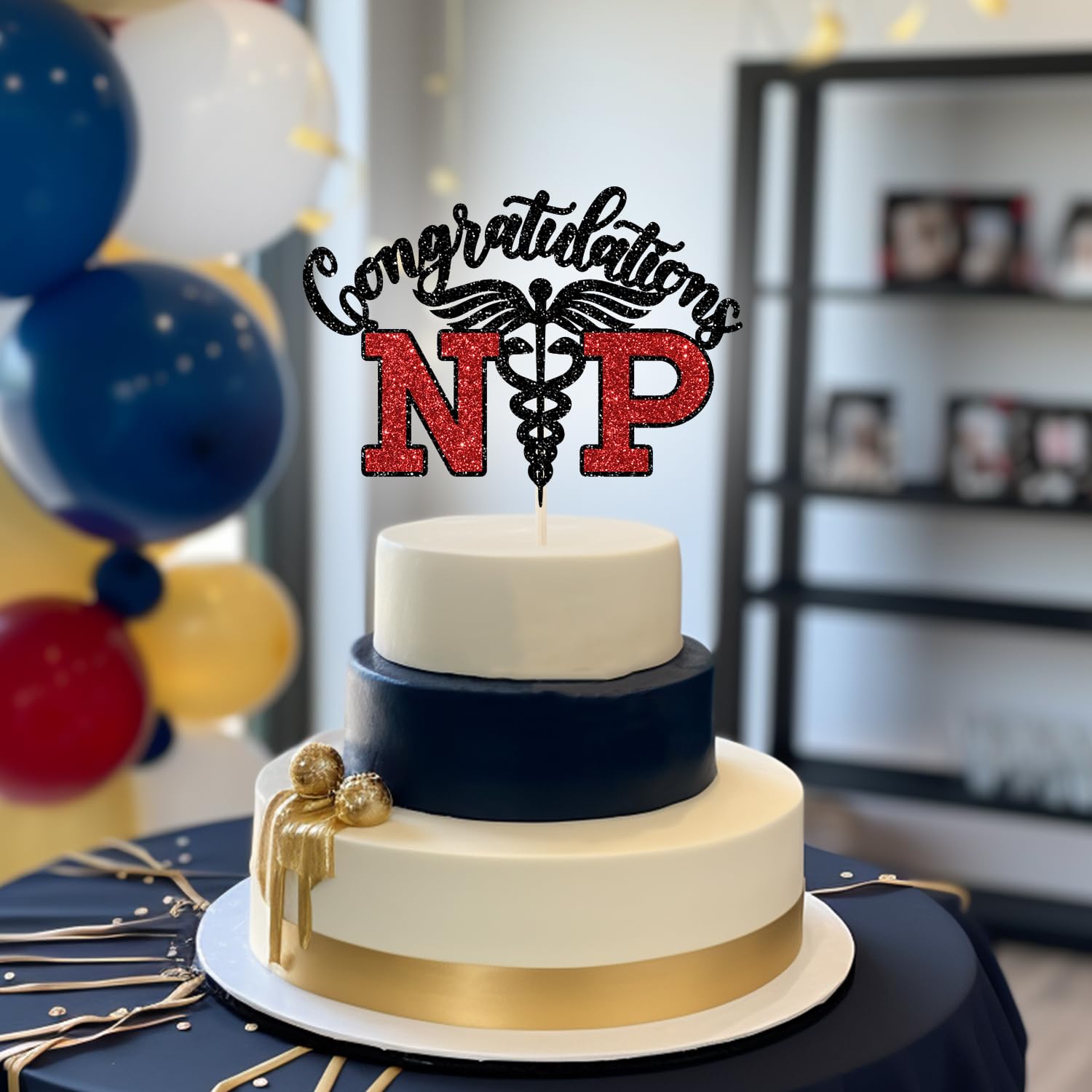 Congrats NP Cake Topper - Nurse Graduation Decorations, Nursing School Survivor, Medical School Graduation Party Decorations, Black and Red Glitter