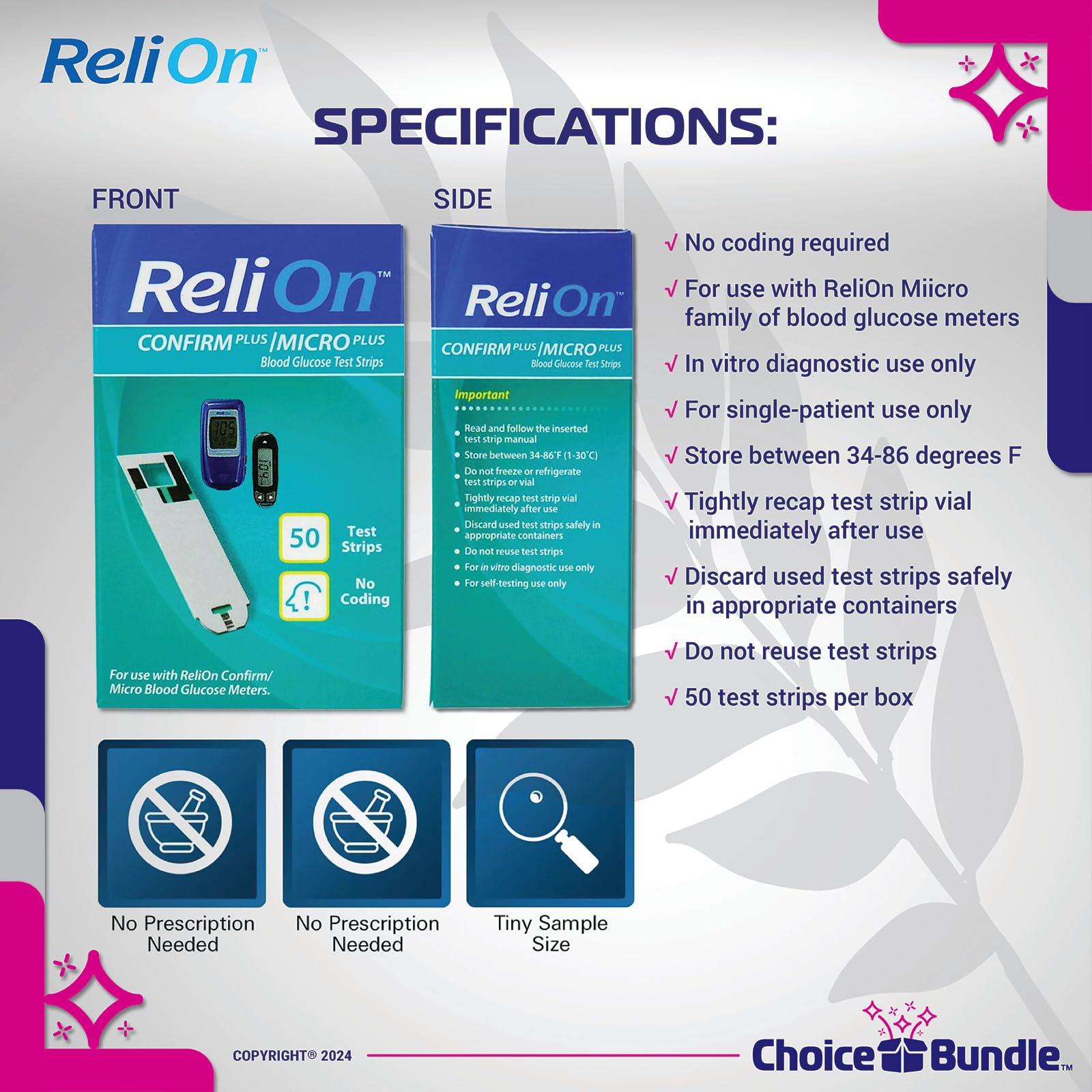 ReliOn Reli on Confirm Micro Blood Glucose Test Strips 50 Ct Choice Bundle (fits Confirm Plus/Micro Plus) + “Food for Life” Guide & Portable Pill Container (3 Items)!