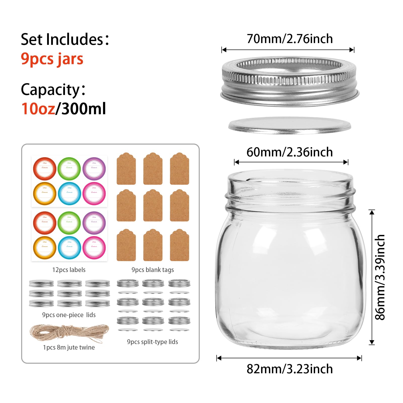 10oz Wide Mouth Mason Jars, 9 Pack Round Canning Jars with Silver Regular Lids and Bands, with EXTRA 9pcs Regular Mouth Lids for Honey, Jelly, Yogurt and Wedding Favors