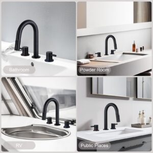 HGN Widespread Bathroom Faucet 3 Hole 8 inch Bathroom Sink Faucet with Pull Down Sprayer Pull Out Bathroom Faucet with Pop-Up Drain 2 Handle Black Bathroom Faucet