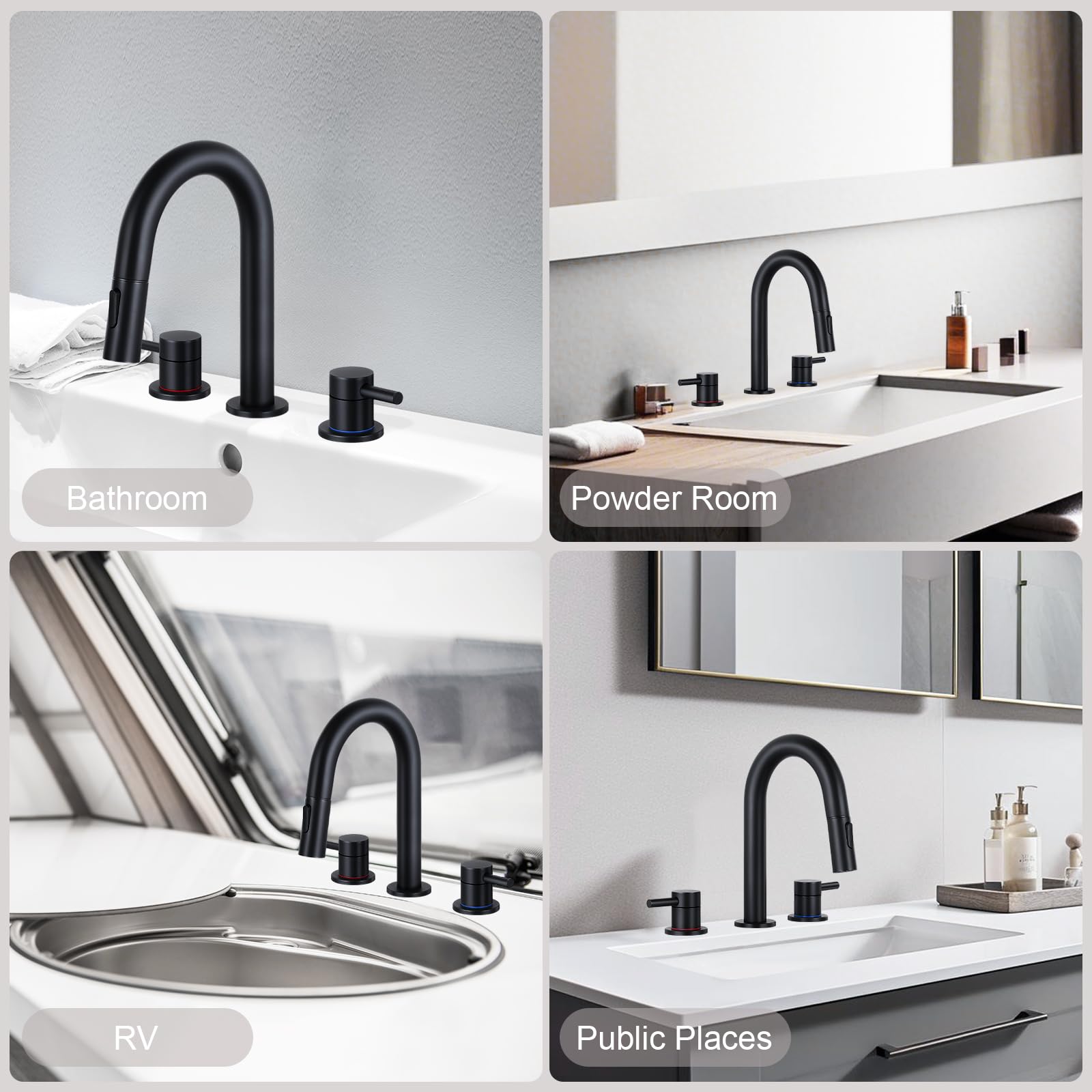 HGN Widespread Bathroom Faucet 3 Hole 8 inch Bathroom Sink Faucet with Pull Down Sprayer Pull Out Bathroom Faucet with Pop-Up Drain 2 Handle Black Bathroom Faucet