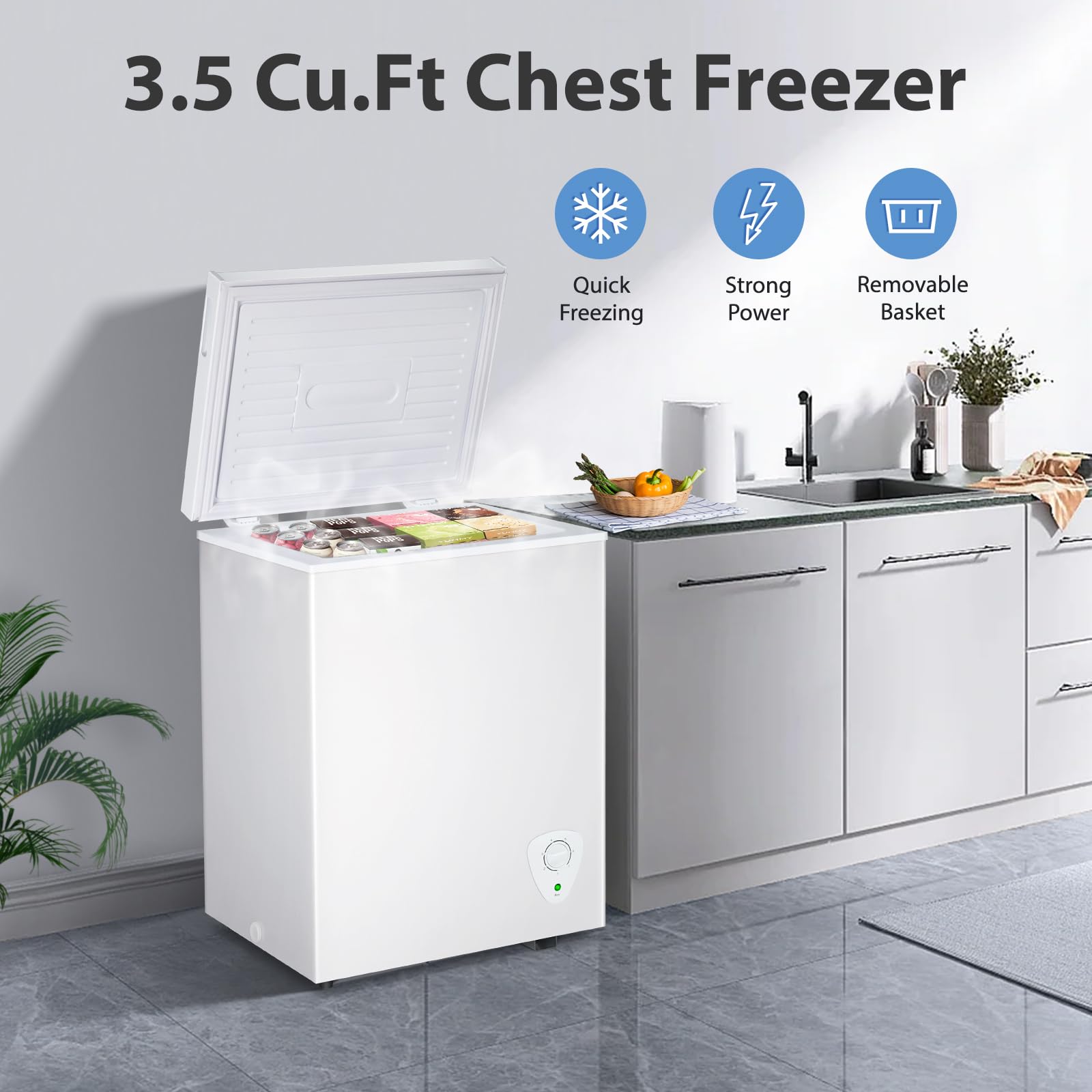 Chest Freezer, 3.5 Cu Ft Compact Deep Freezer With Fast Cooling & Convenient Pulley, Perfect for Kitchen Parlor, Small Freezer With Low Noise & Energy Saving, White