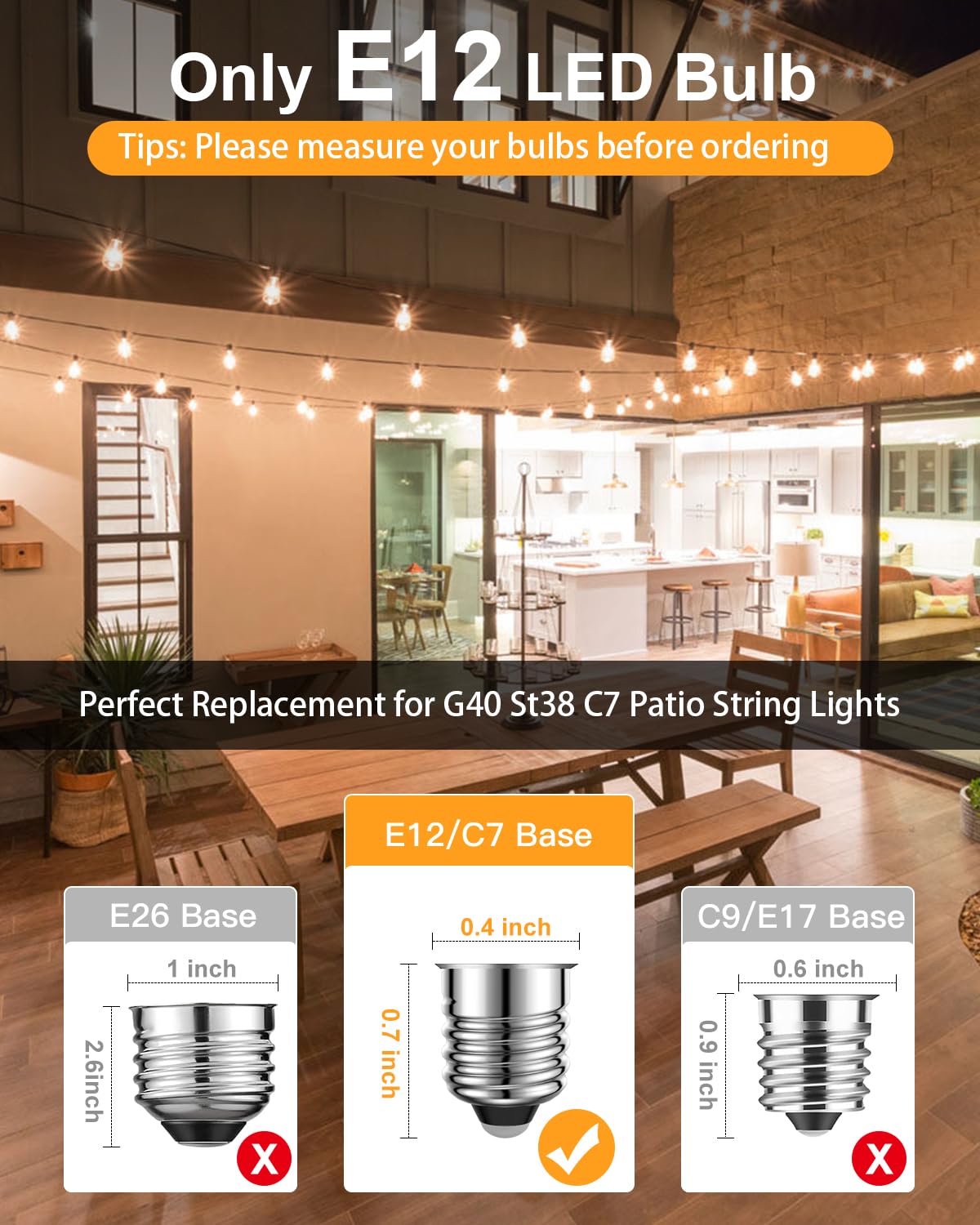 GLUROO LED String Light Bulbs, ST38 Shatterproof LED Replacement Bulbs for Outdoor String Lights Eidison Bulb fits E12 C7 Screw Base, 1Watt Equvanlent to 7Watt Incandescant Bulbs, Warm White, 25 Pack