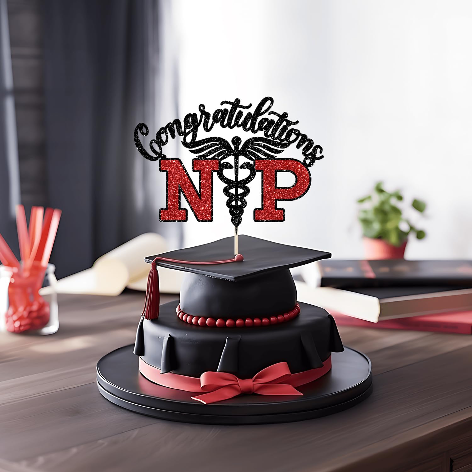 Congrats NP Cake Topper - Nurse Graduation Decorations, Nursing School Survivor, Medical School Graduation Party Decorations, Black and Red Glitter