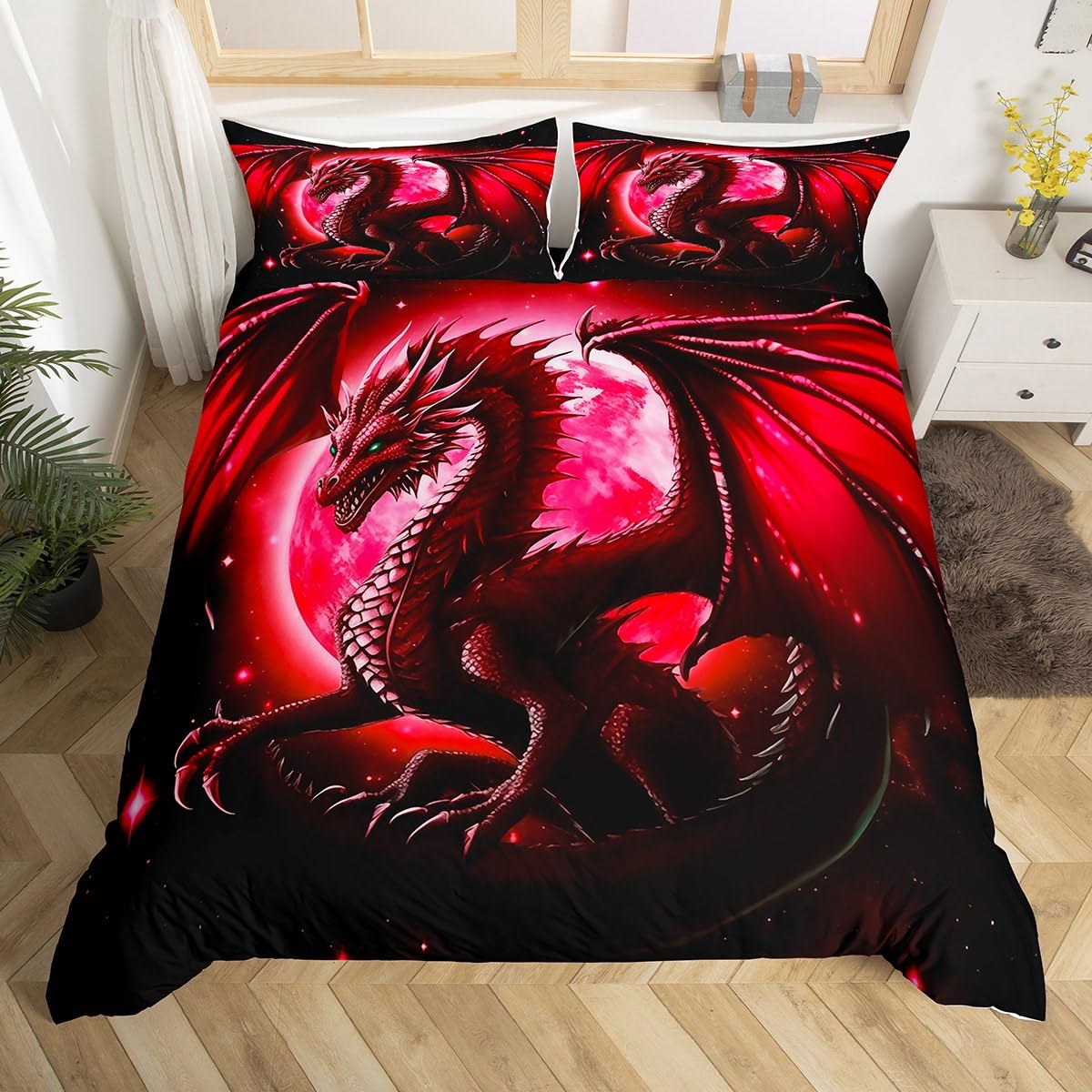 Dragon Duvet Cover Set Twin Size,Starry Sky Moon Night Bedding Set for Kids Boys Teens Women Bedroom Decor,3D Animals Comforter Cover Western Dragon Black Red Quilt Cover,1 Pillowcase