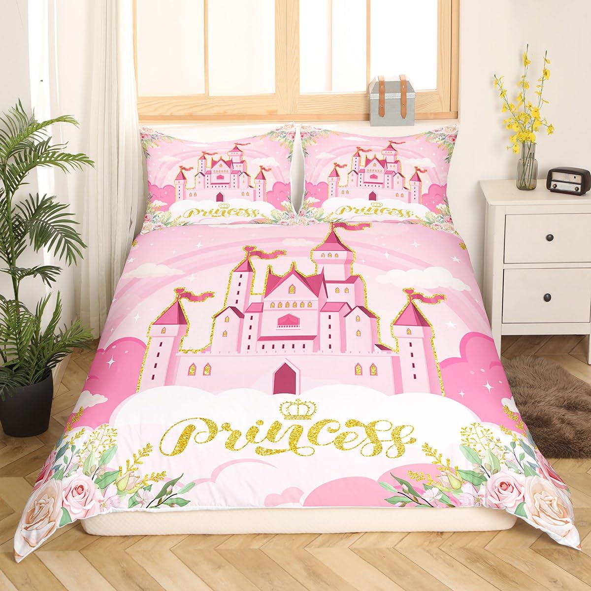 Manfei Princess Twin Bedding Sets for Girls,Pink Castle Dreamy Comforter Cover Kids Bedroom Decor,Flowers Bed Set,Fairy Tale Theme Duvet Cover Cute Blanket,Gifts for Girl,No Comforter