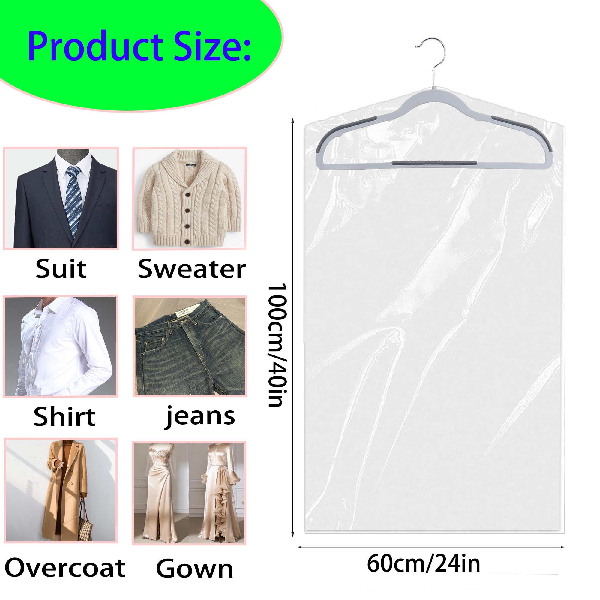 15 Pack (24 x 40 In) Plastic Clear Clothes Covers,Dry Cleaners Bags Hanging Clothing Covers Clear Garment Bags Hanging Dust-proof Clothing Protector Covers for Home Storage Clothing Stores & Travel.