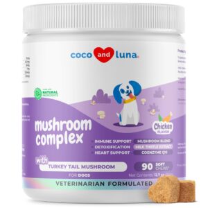 mushroom complex for dogs - 90 soft chews - turkey tail mushroom for dogs - immune support, joint support, digestive support and liver support with milk thistle - dog mushroom supplement.