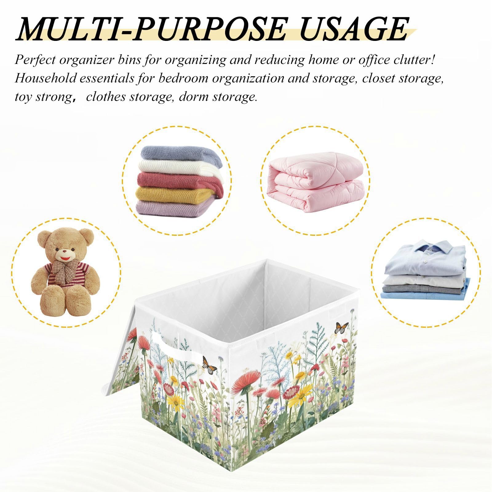 KEEPREAL Wildflowers Butterfly Storage Basket Bin with lid, Large Cube Storage Box Collapsible Storage Organizer for Home Office Closet - 16.5 L x 12.6 W x 11.8 H（51）