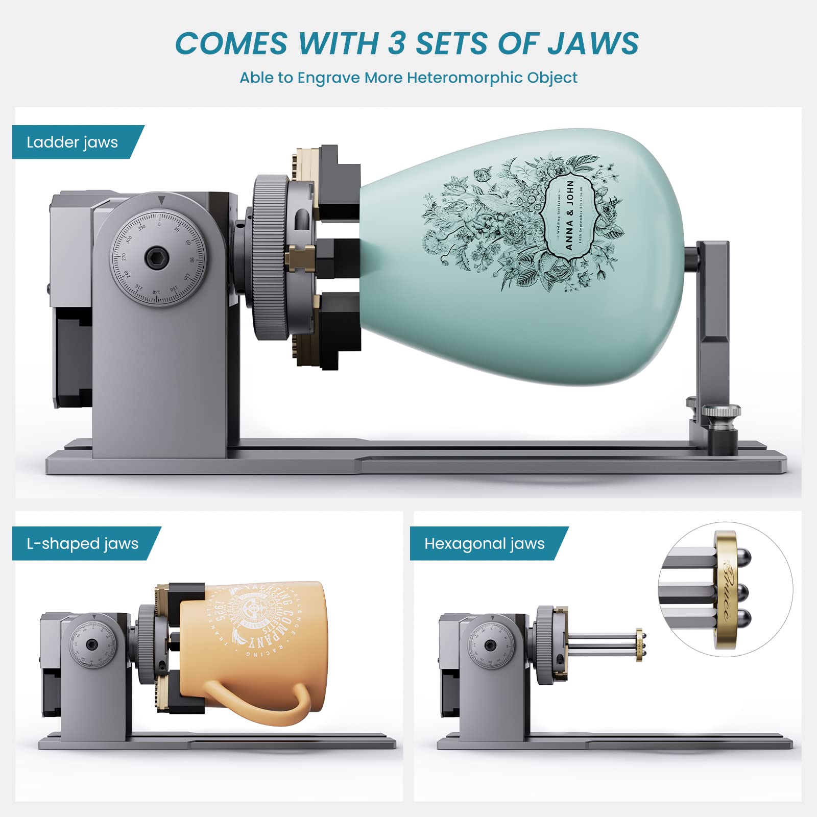 ATOMSTACK MAKER R1 PRO Chuck and Rotary Roller for Laser Engraver, 4-in-1 Laser Roller Rotary, 180° Adjustable Chuck with 3 Jaws for Engraving Rings, Irregular Items, Spherical & Cylindrical Objects