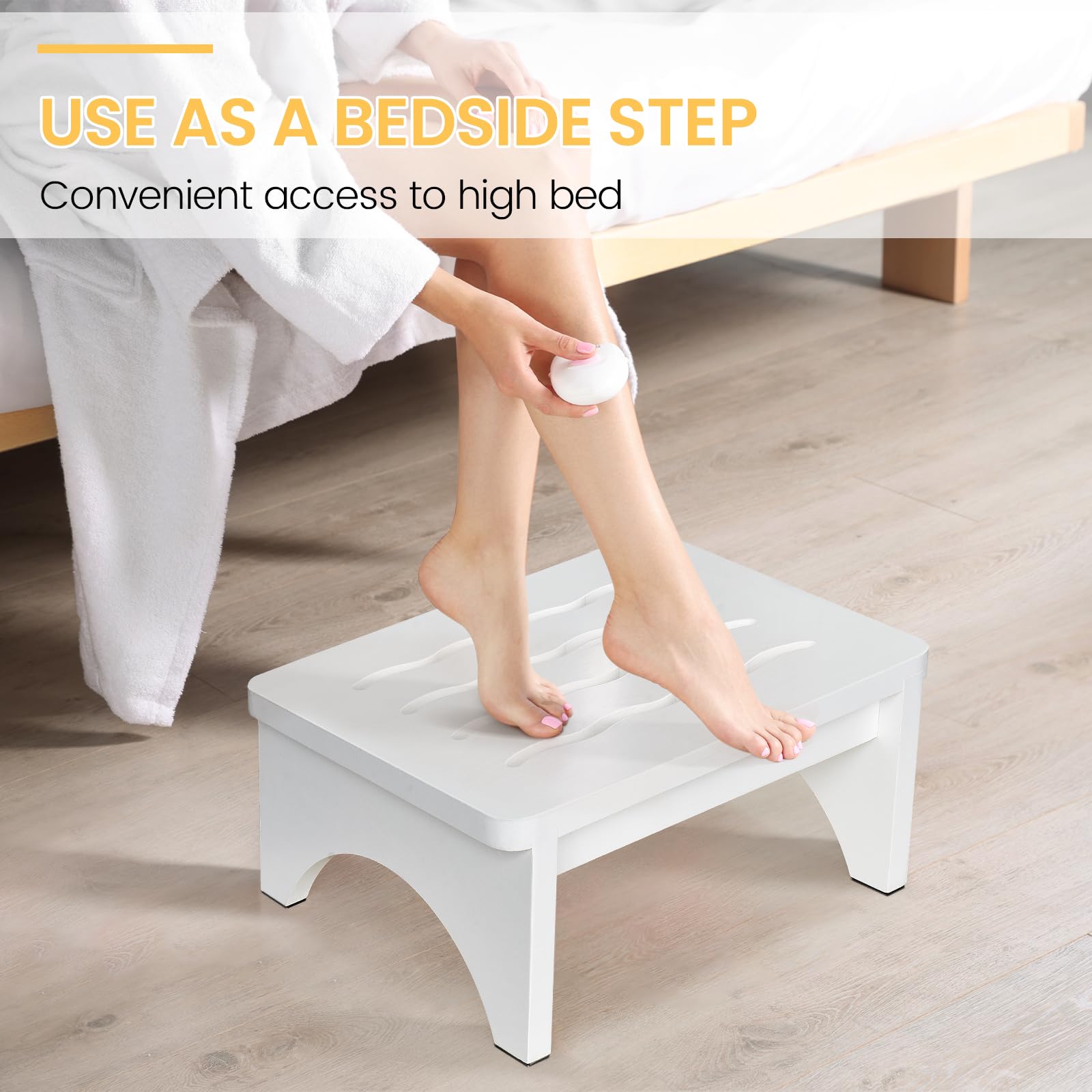 Wooden Step Stool for Adults, One Step Stool with Non-Slip Rubber, Bed Step Stool for High Beds, White Safety Foot Stool for Elderly, Kid(No Assemble Required)