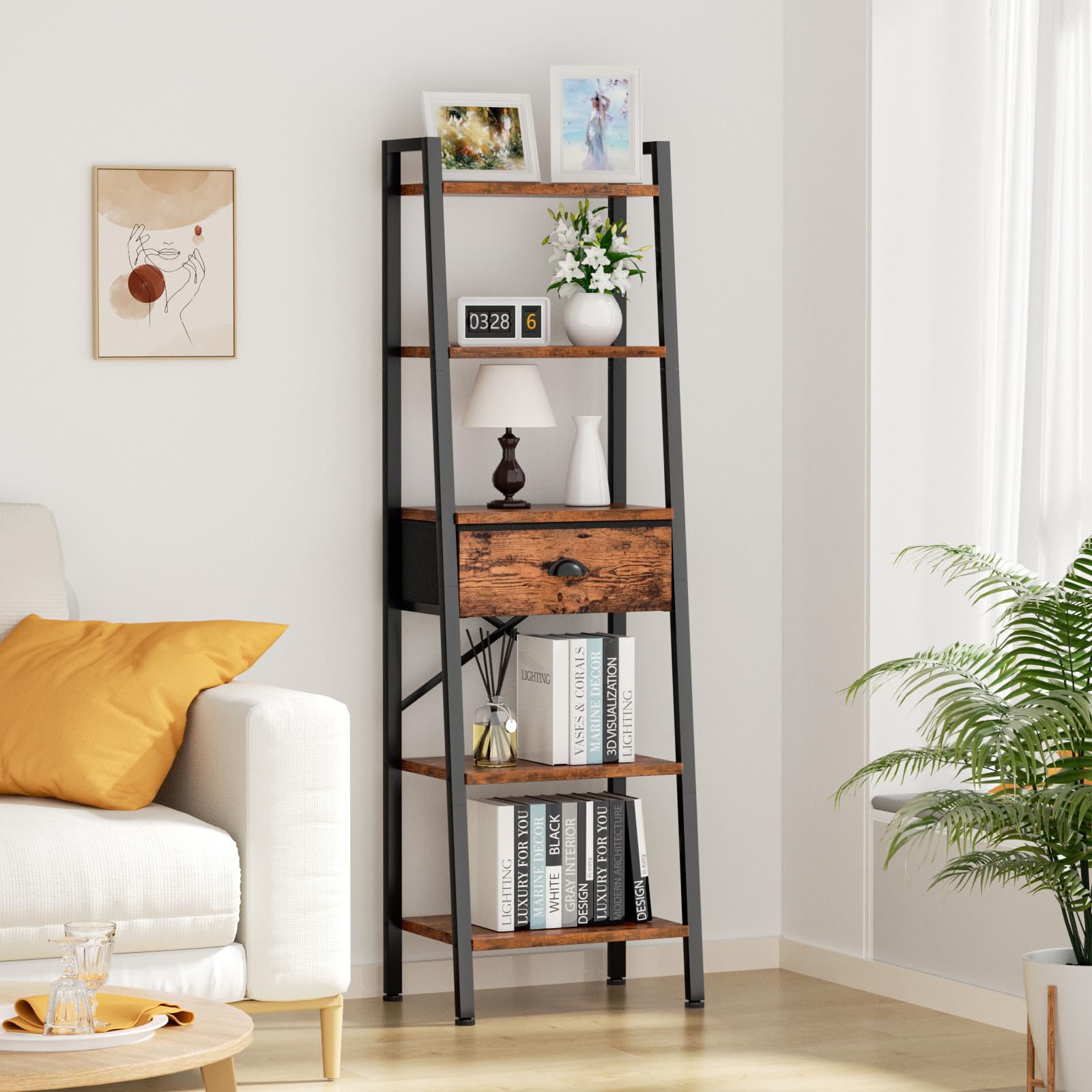 Furologee 5 Tier Ladder Shelf with Drawer, Tall Bookshelf Storage Shelves, Bookcase Standing Shelf Units, Industrial Open Display Shelves Organizer for Bedroom, Living Room, Kitchen, Rustic Brown