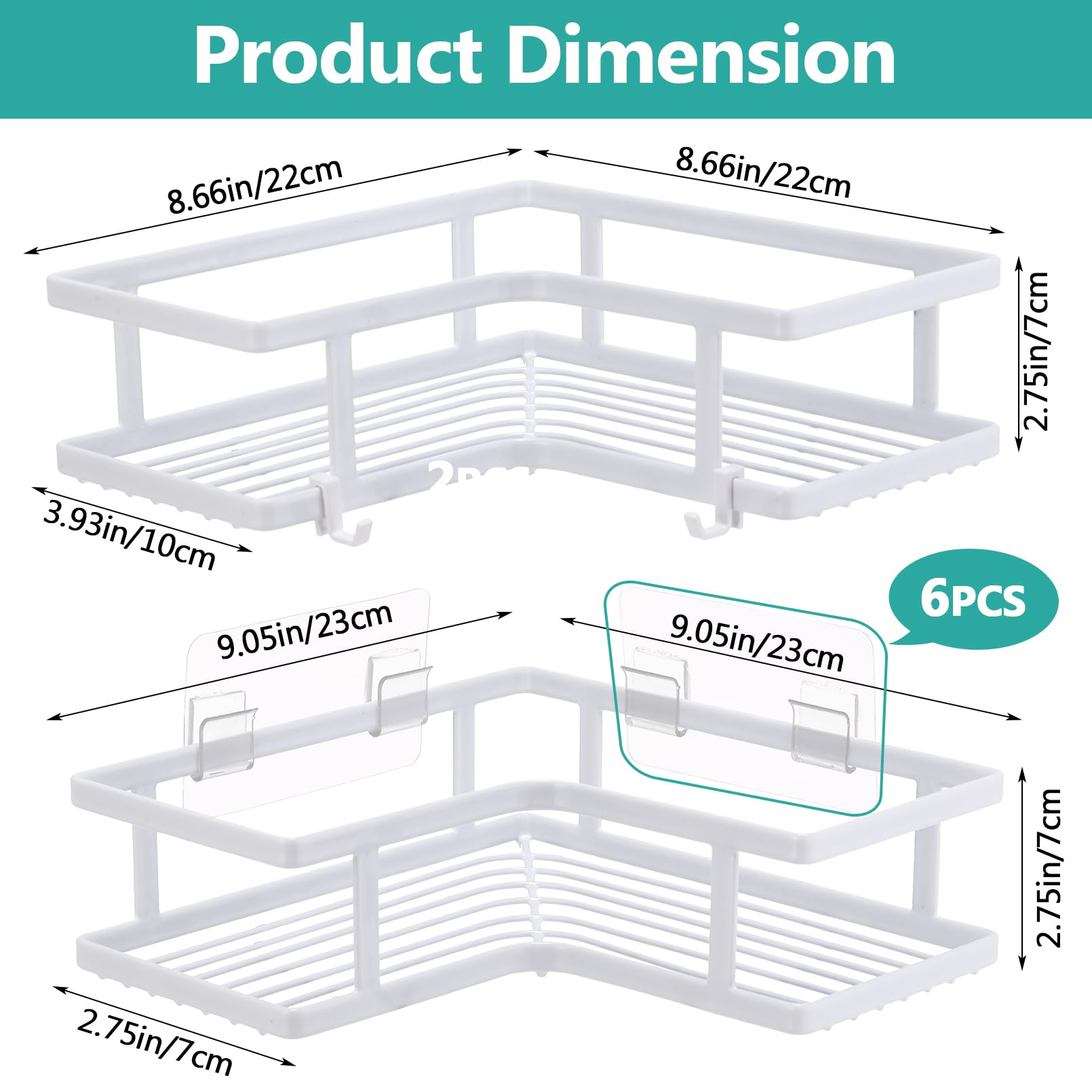 VIAV Corner Shower Caddy 2PCS Adhesive Shower Shelves Corner Organizer Rustproof Shower Rack No Drilling Needs Bathroom Shelve Organizer for Bathroom,Kitchen-White