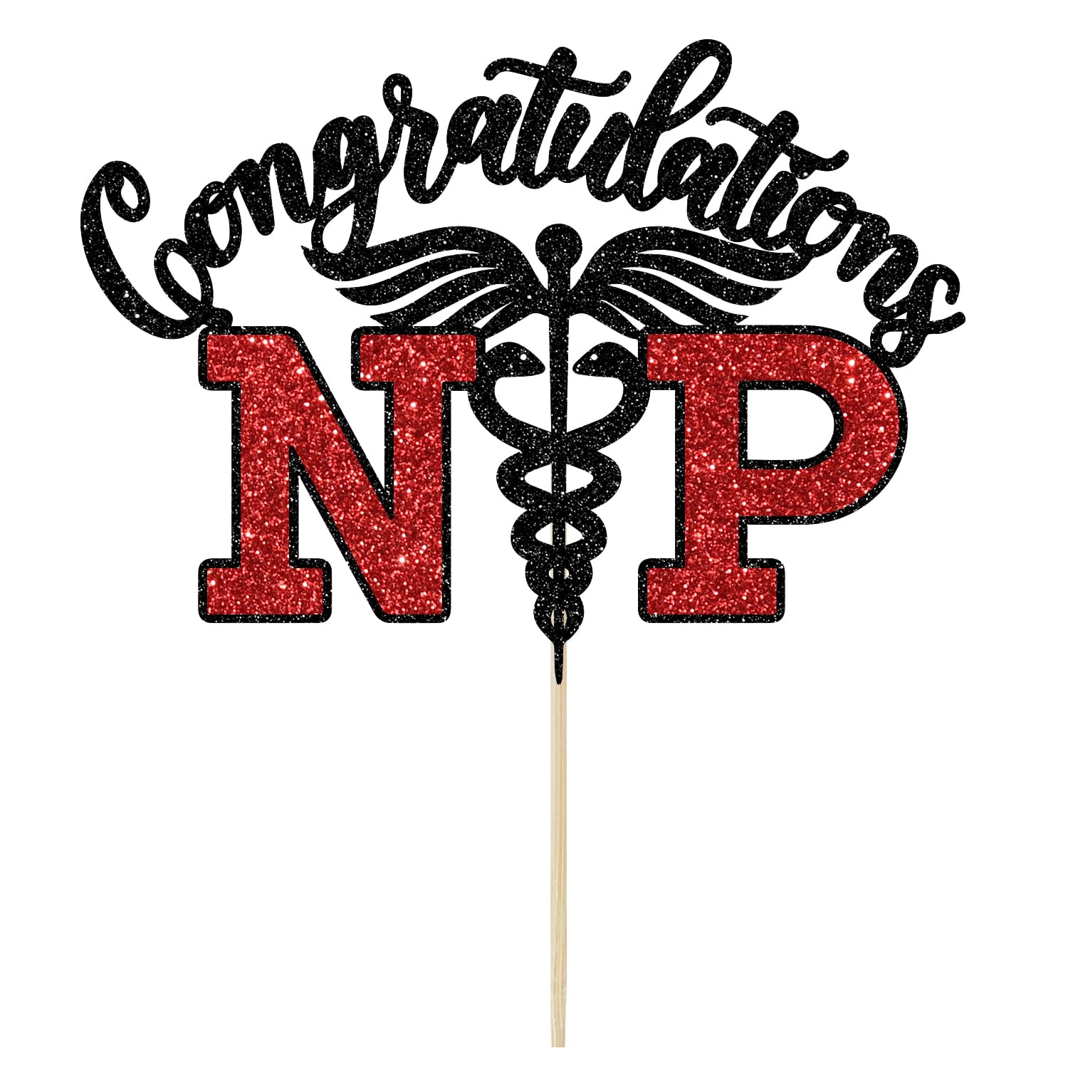 Congrats NP Cake Topper - Nurse Graduation Decorations, Nursing School Survivor, Medical School Graduation Party Decorations, Black and Red Glitter