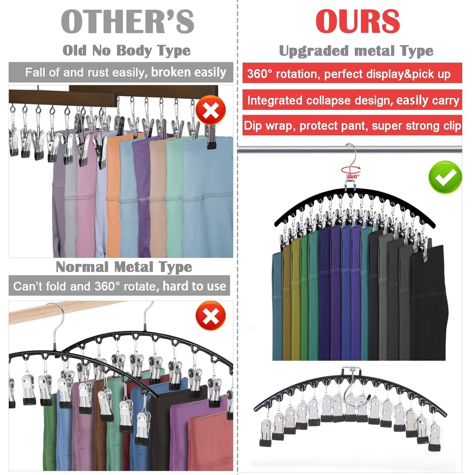 Leggings Organizer for Closet, Collapsible Metal Pants Hangers Space Saving with 30 Rubber Coated Clips(2 Pack), 360° Rotation for Better Organizer&Display, Magic Hat/Skirts/Leggings Hangers