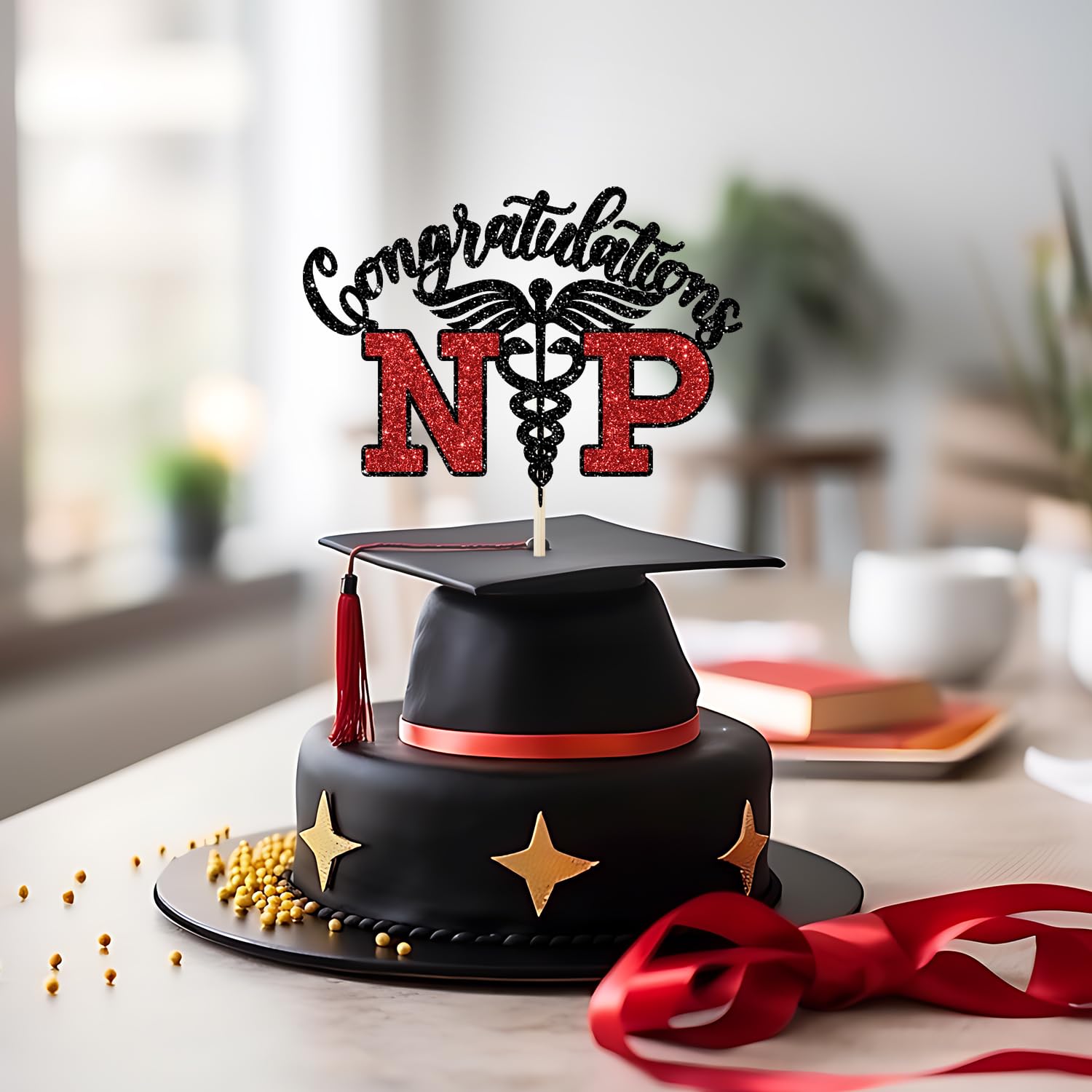 Congrats NP Cake Topper - Nurse Graduation Decorations, Nursing School Survivor, Medical School Graduation Party Decorations, Black and Red Glitter